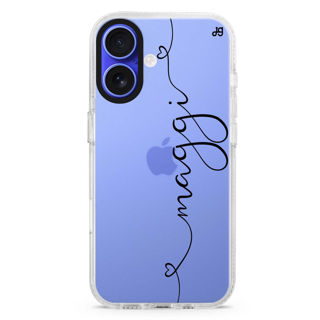 Loving Heart I custom name iPhone 16 and 16 Plus ultra clear case, transparent artistic artwork, front product view