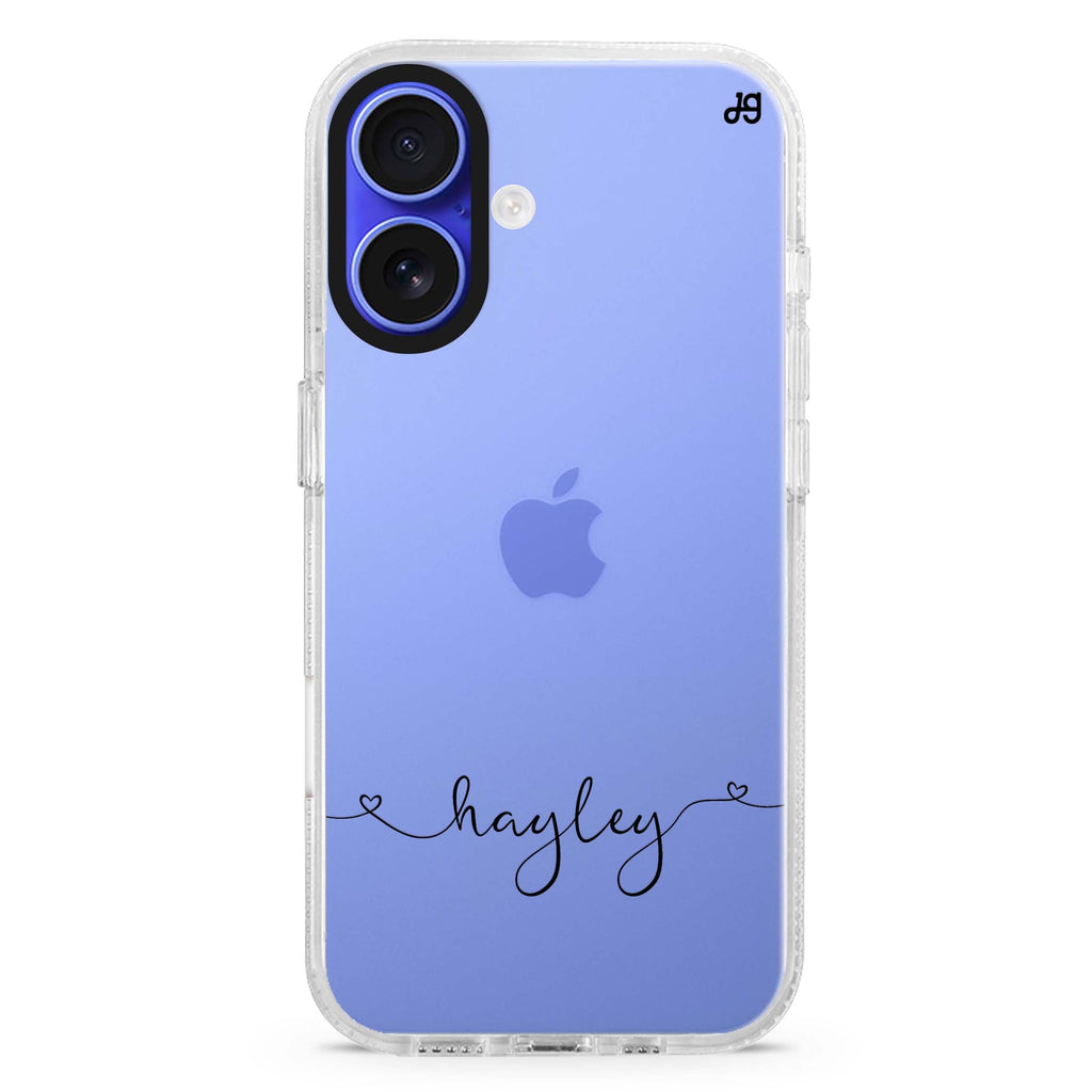 Loving Heart II custom name iPhone 16 and 16 Plus ultra clear case, transparent artistic artwork, front product view