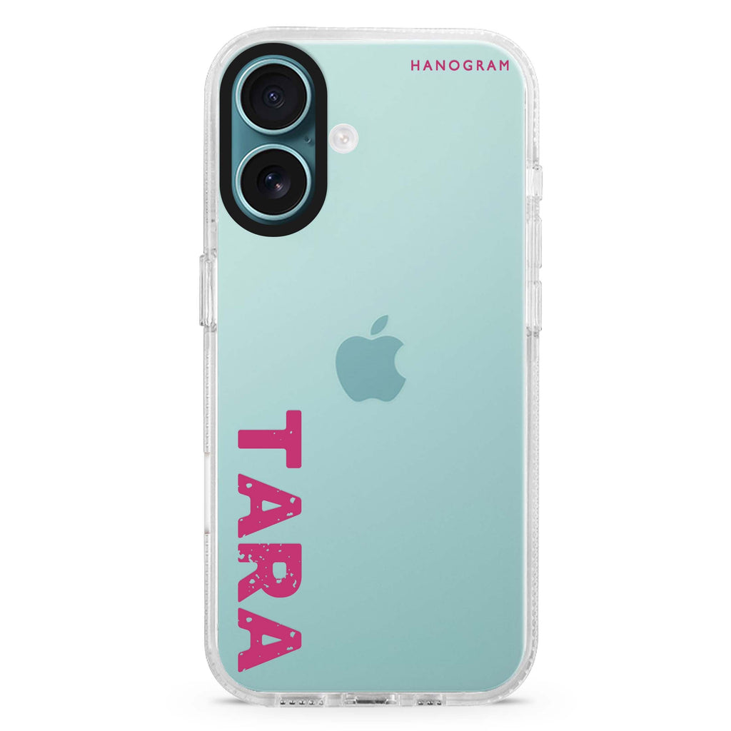 Make It Simple custom name iPhone 16 and 16 Plus ultra clear case, transparent minimal artwork, front product view