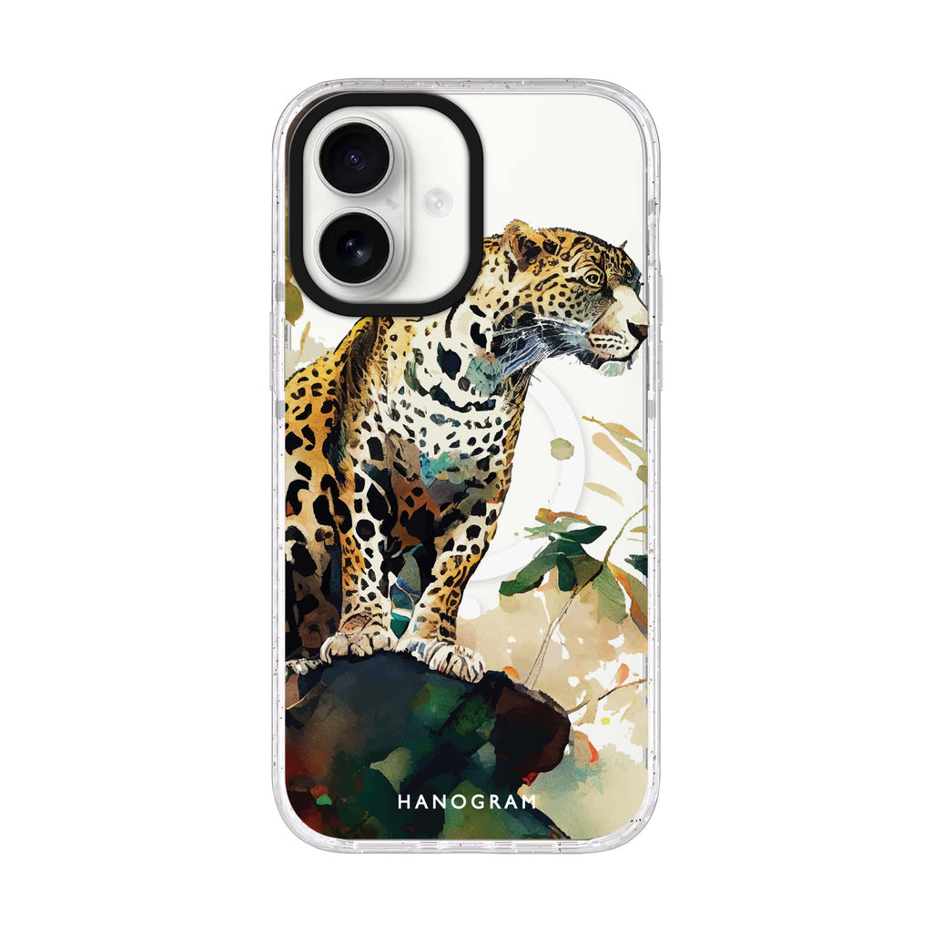 A leopard iPhone 17 ultra clear MagSafe case, front product view