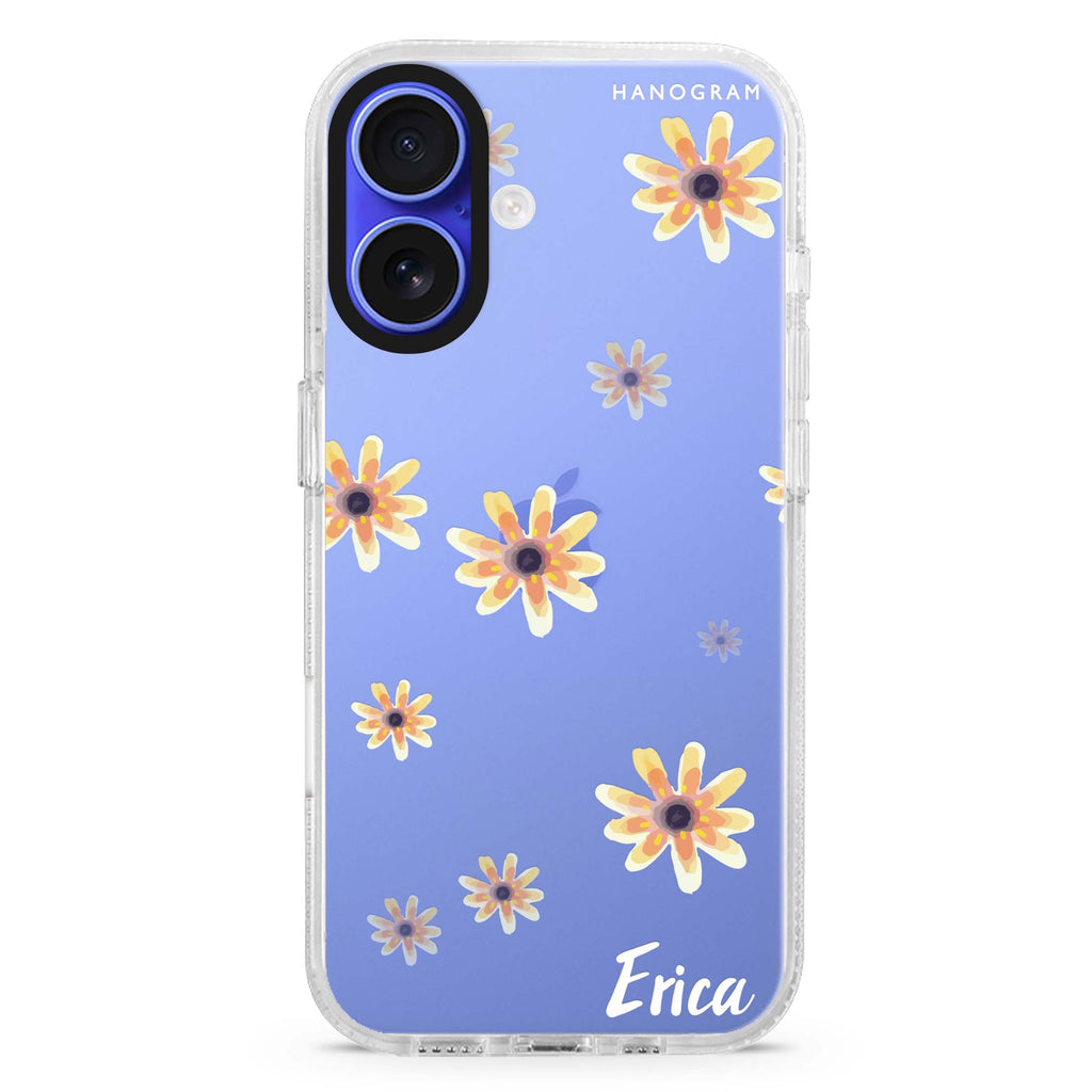 Faceflower custom name iPhone 16 and 16 Plus ultra clear case, transparent floral artwork, front product view