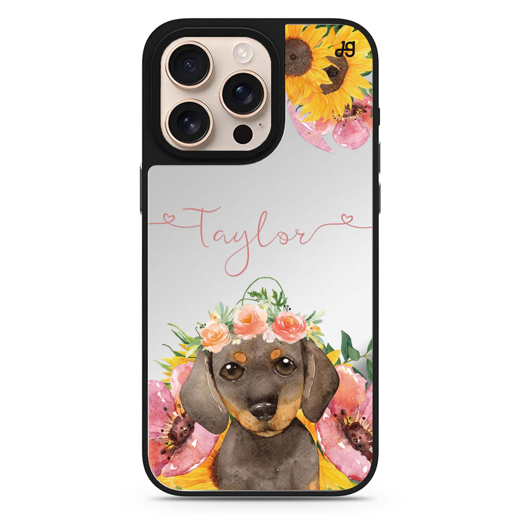 Sunflower Puppy personalized name dog design iPhone 16/15/14 Pro Max & Pro mirror case