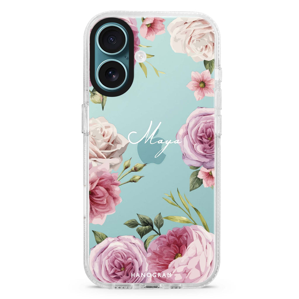 Beautiful Pretty Floral custom name iPhone 16 and 16 Plus ultra clear case, transparent floral artwork, front product view