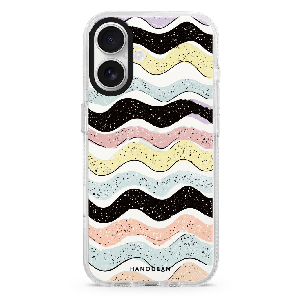 Glitter Wave Doodles iPhone 16 and 16 Plus ultra clear case, transparent artistic artwork, front product view