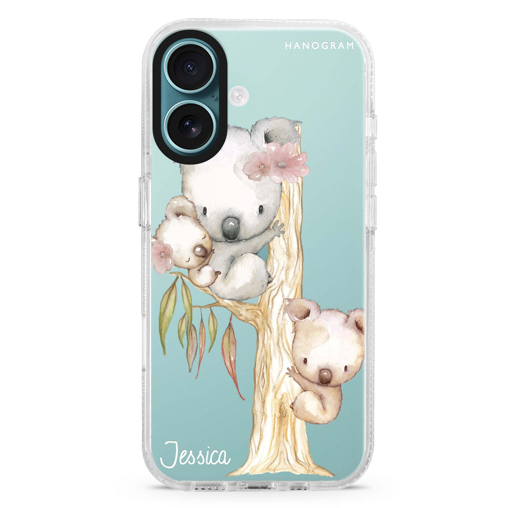 Koala custom name iPhone 16 and 16 Plus ultra clear case, transparent animal artwork, front product view