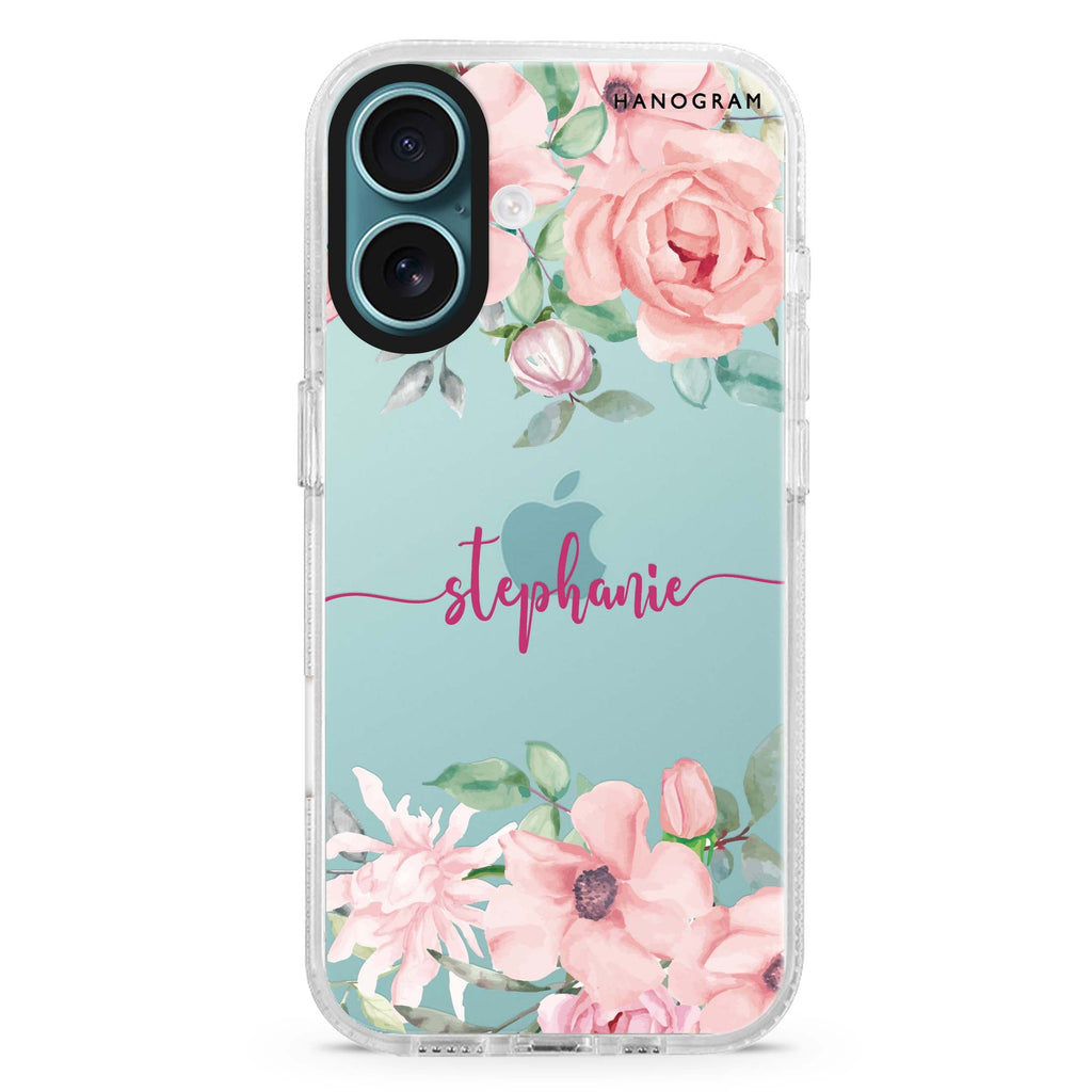 Forever Love Rose custom name iPhone 16 and 16 Plus ultra clear case, transparent floral artwork, front product view