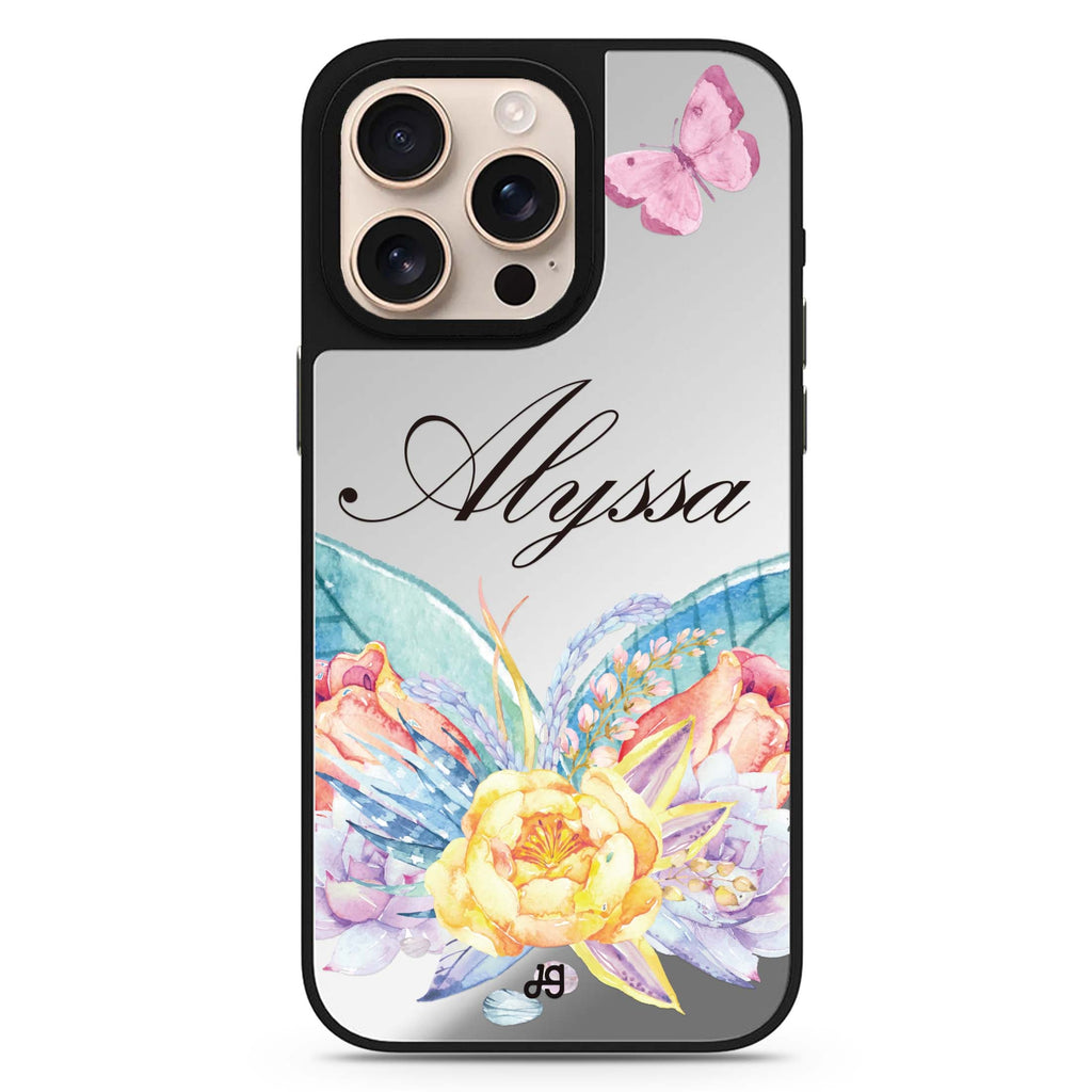 Butterfly and Abloom Rose personalized name animal design iPhone 16/15/14 Pro Max & Pro mirror case