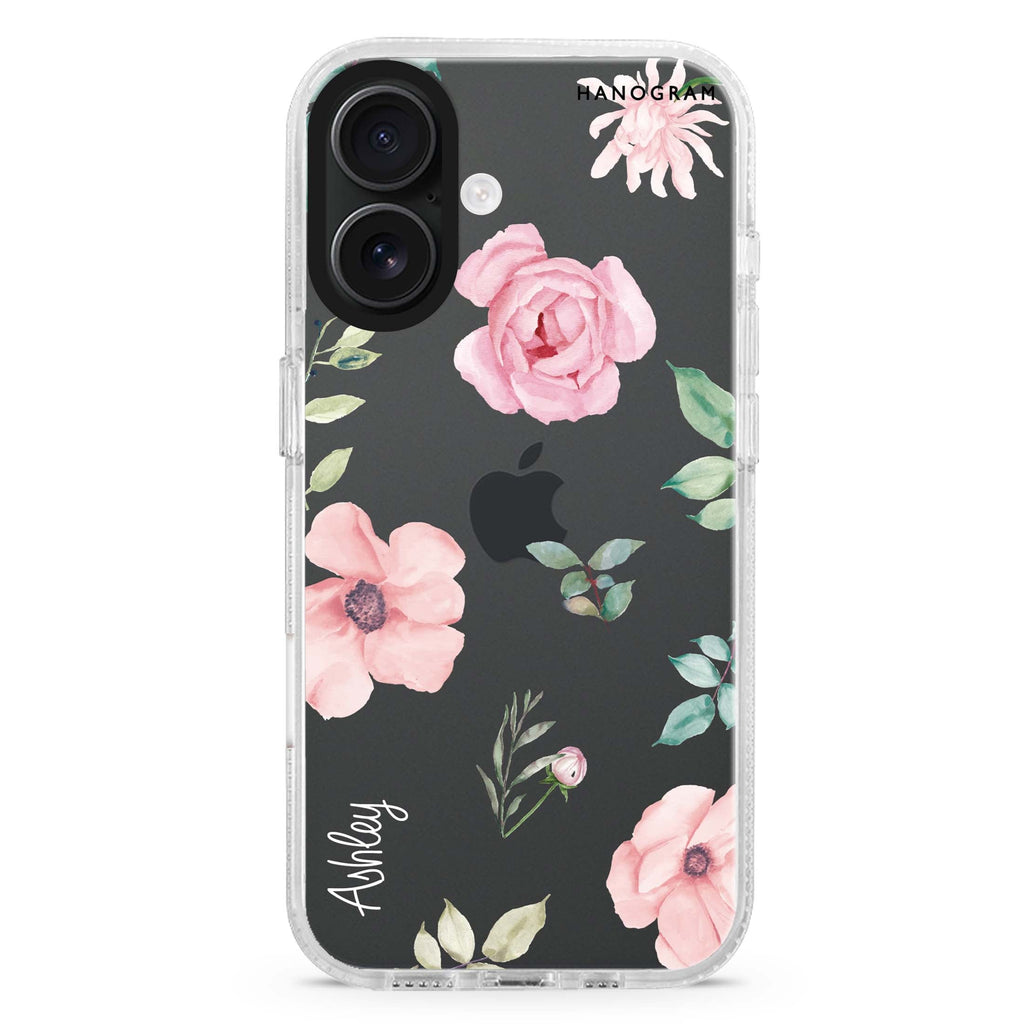 Rose Flower custom name iPhone 16 and 16 Plus ultra clear case, transparent floral artwork, front product view