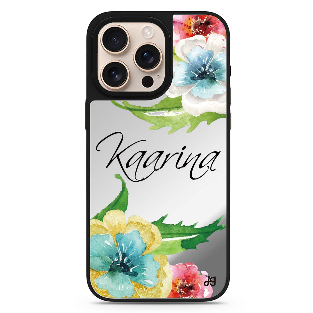 Golden and White Anemones personalized name color-inspired design iPhone 16/15/14 Pro Max & Pro mirror case