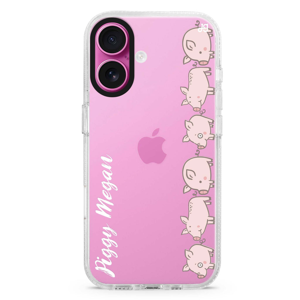 Piggy Corps custom name iPhone 16 and 16 Plus ultra clear case, transparent animal artwork, front product view