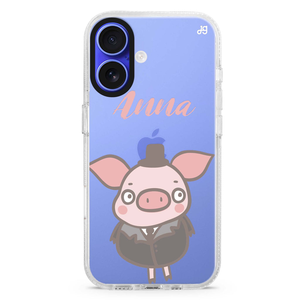 Funny Piggy custom name iPhone 16 and 16 Plus ultra clear case, transparent animal artwork, front product view