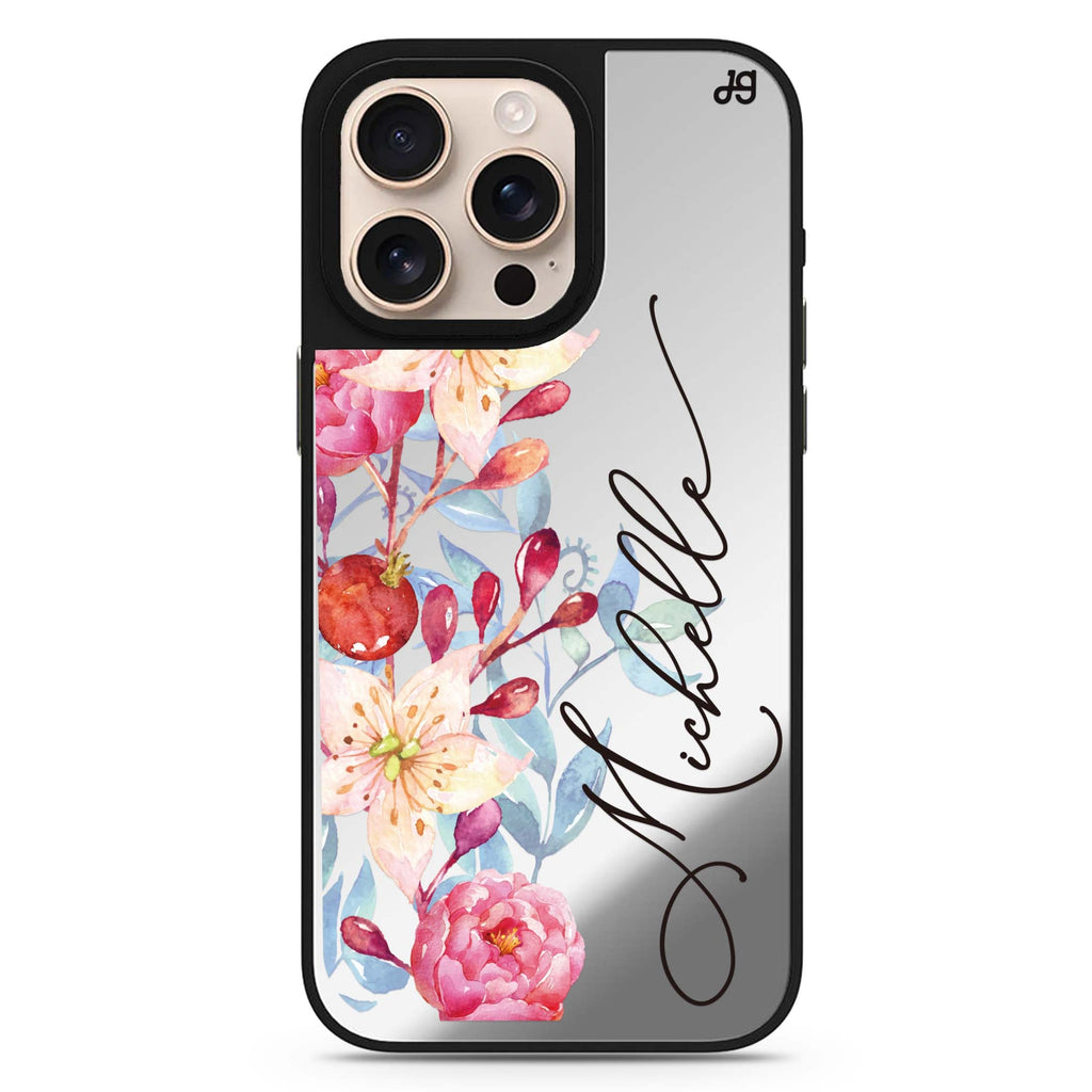 Pink Watercolor Floral Bouquet personalized name floral design iPhone 16/15/14 Pro Max & Pro mirror case