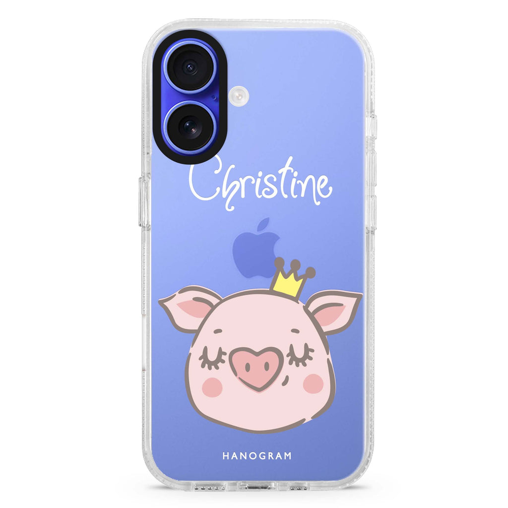 Piggy Queen custom name iPhone 16 and 16 Plus ultra clear case, transparent animal artwork, front product view