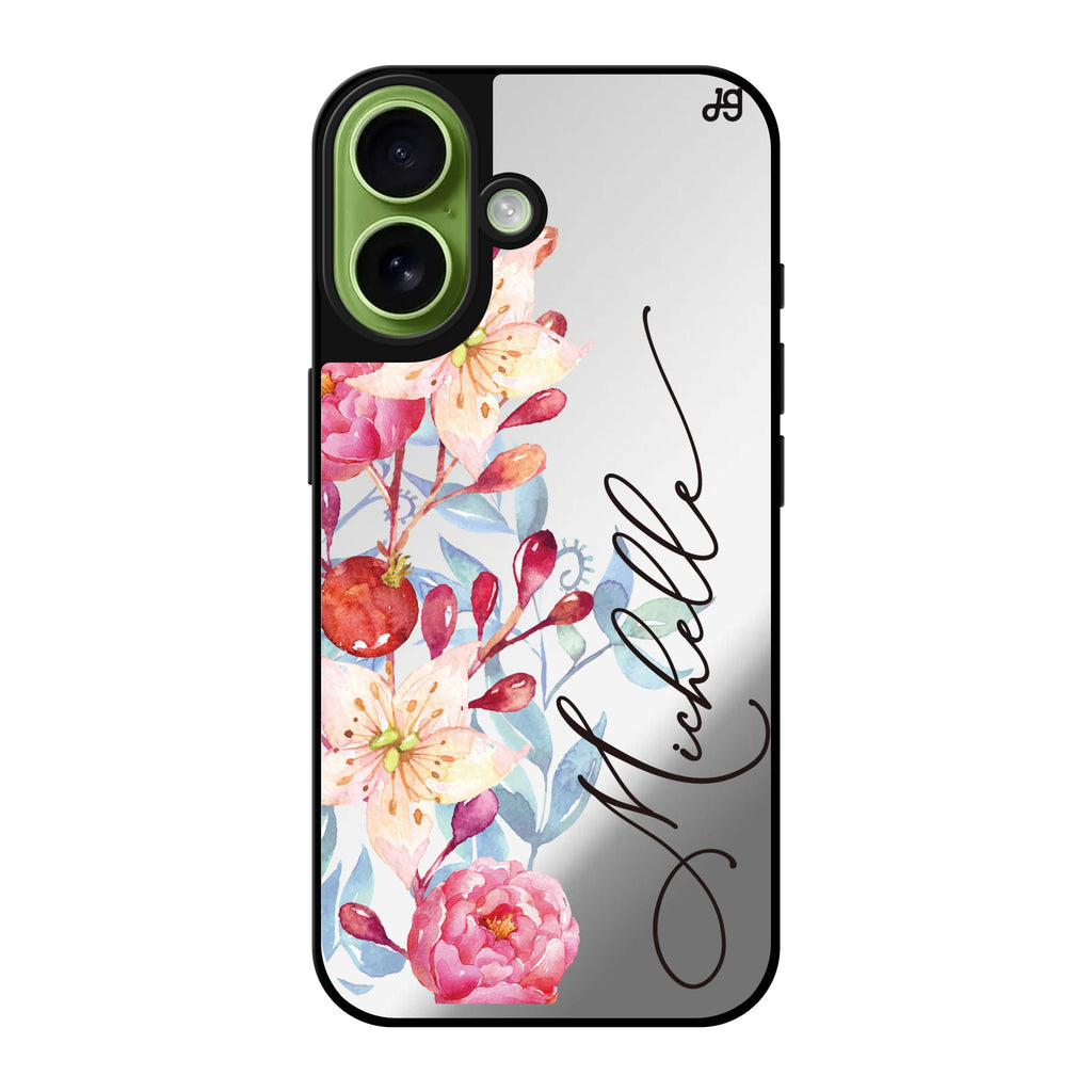 Reflective iPhone 16 Mirror Case –Pink Watercolor Floral Bouquet Design
