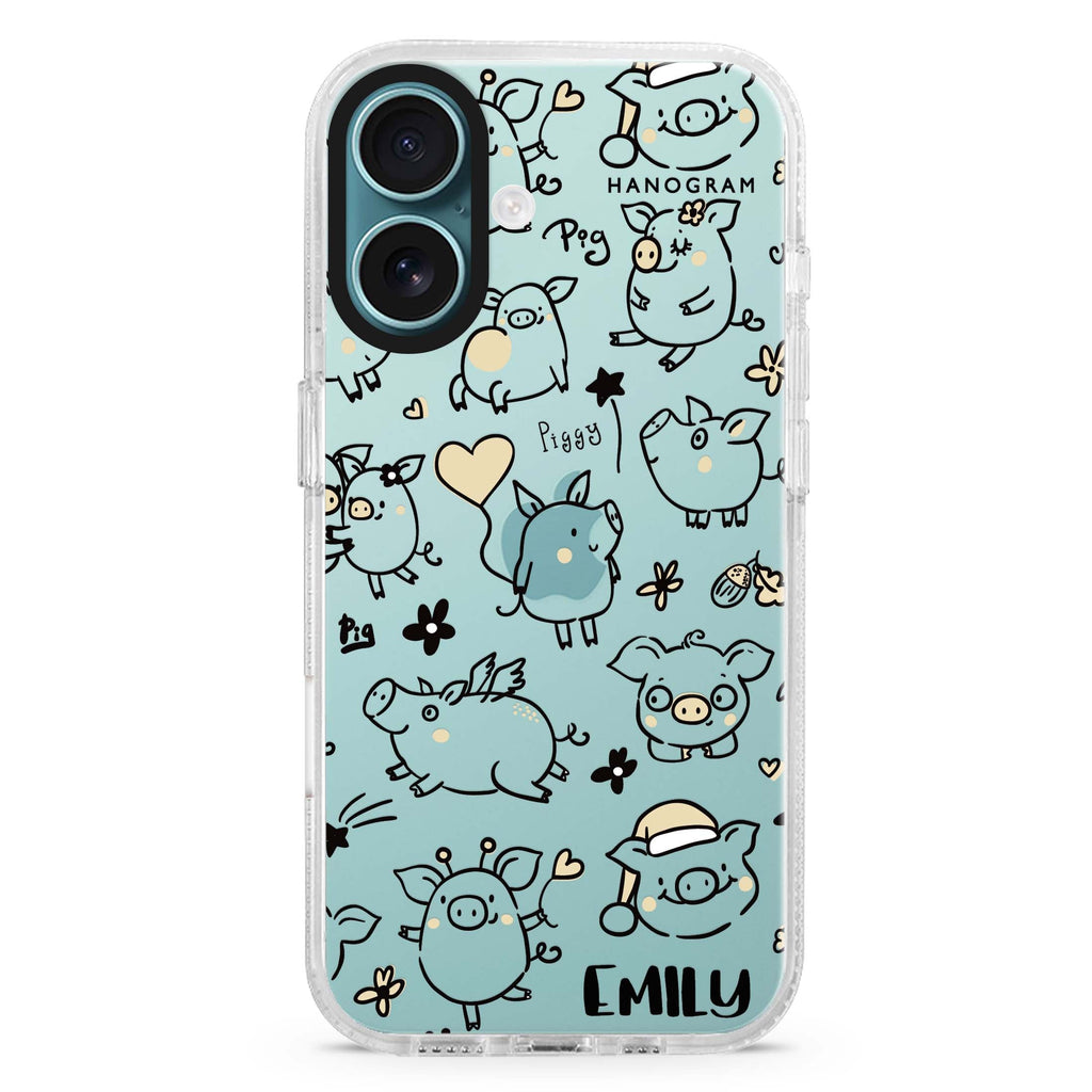 Lovely Piggy custom name iPhone 16 and 16 Plus ultra clear case, transparent romantic artwork, front product view
