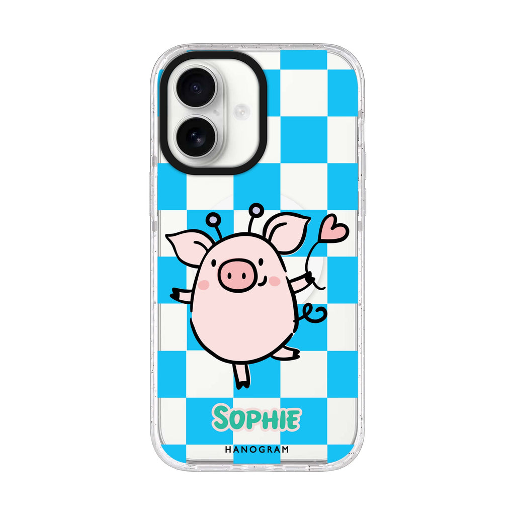 Happy Pig personalized name iPhone 17 ultra clear MagSafe case, front product view