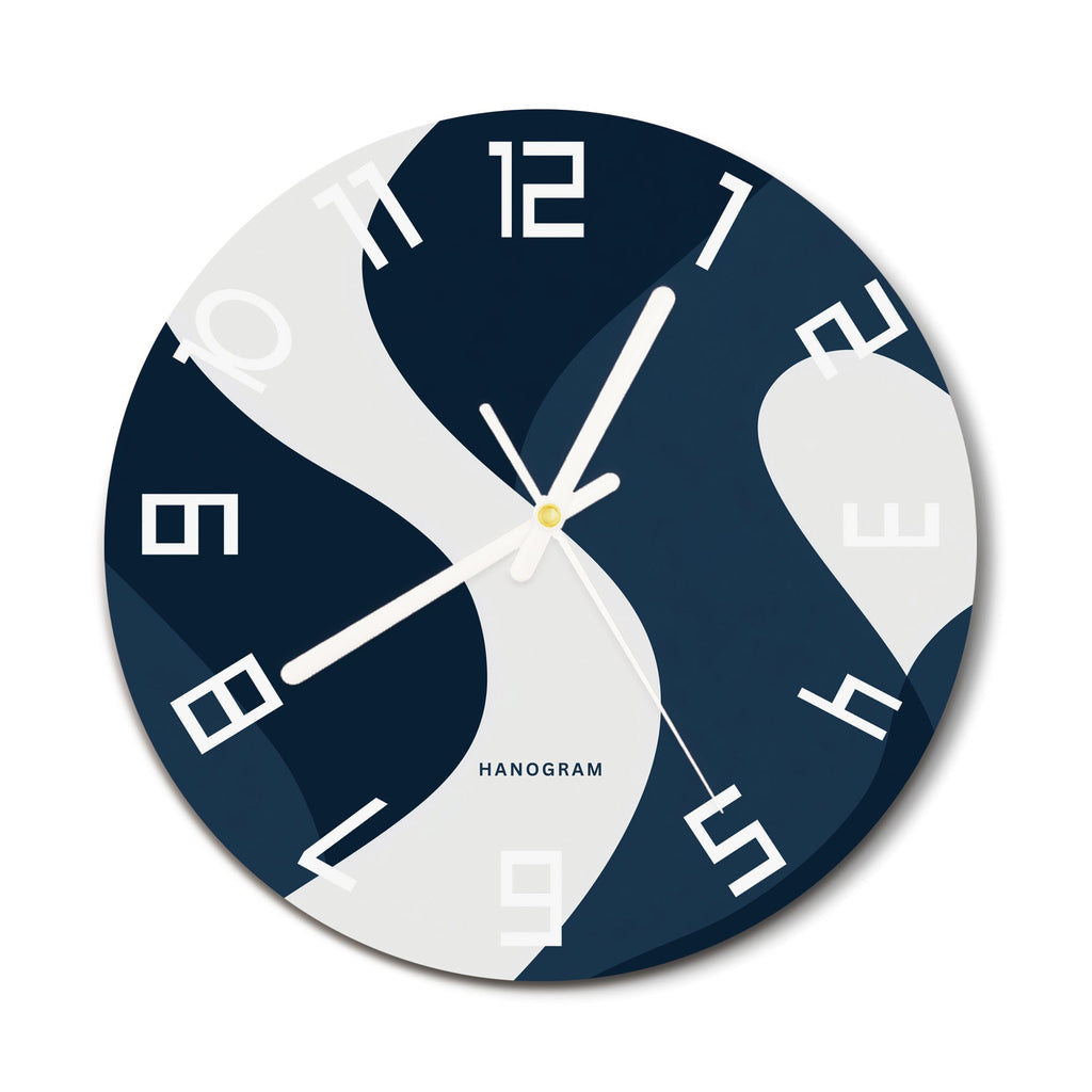 Navy Flow Form premium glass wall clock, modern abstract home decor clock, main view