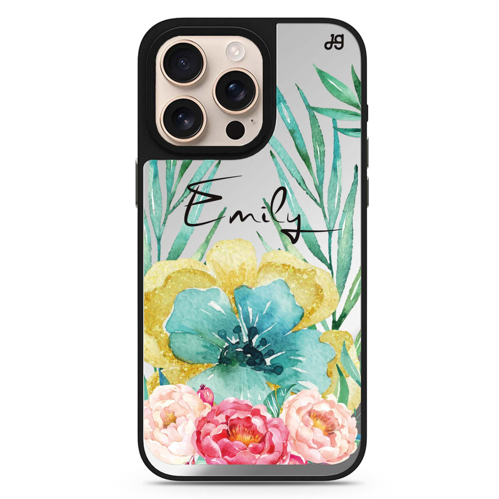 The Great Golden Flower personalized name floral design iPhone 16/15/14 Pro Max & Pro mirror case