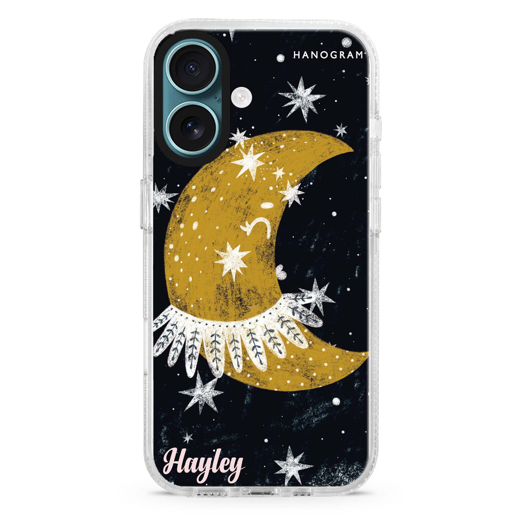 Cute Half Moon custom name iPhone 16 and 16 Plus ultra clear case, transparent celestial artwork, front product view