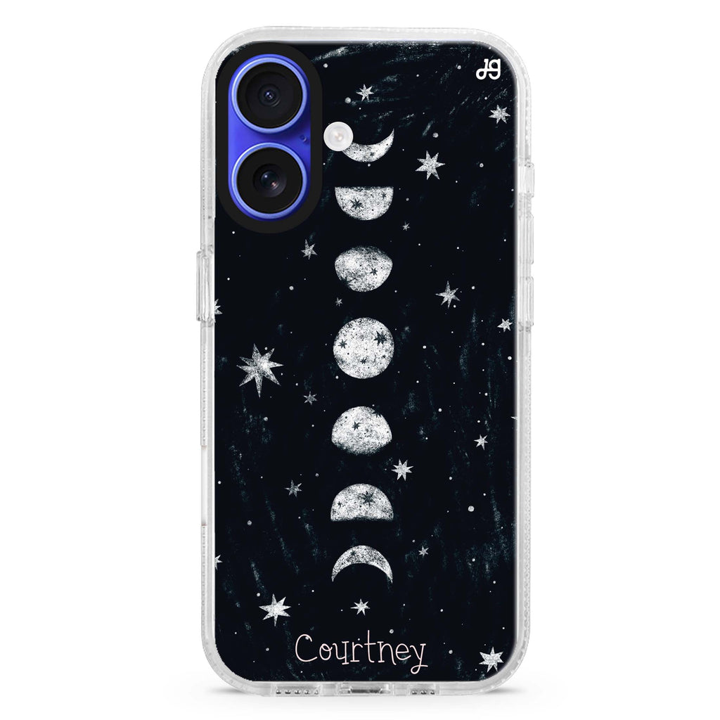 Phases of the moon custom name iPhone 16 and 16 Plus ultra clear case, transparent celestial artwork, front product view