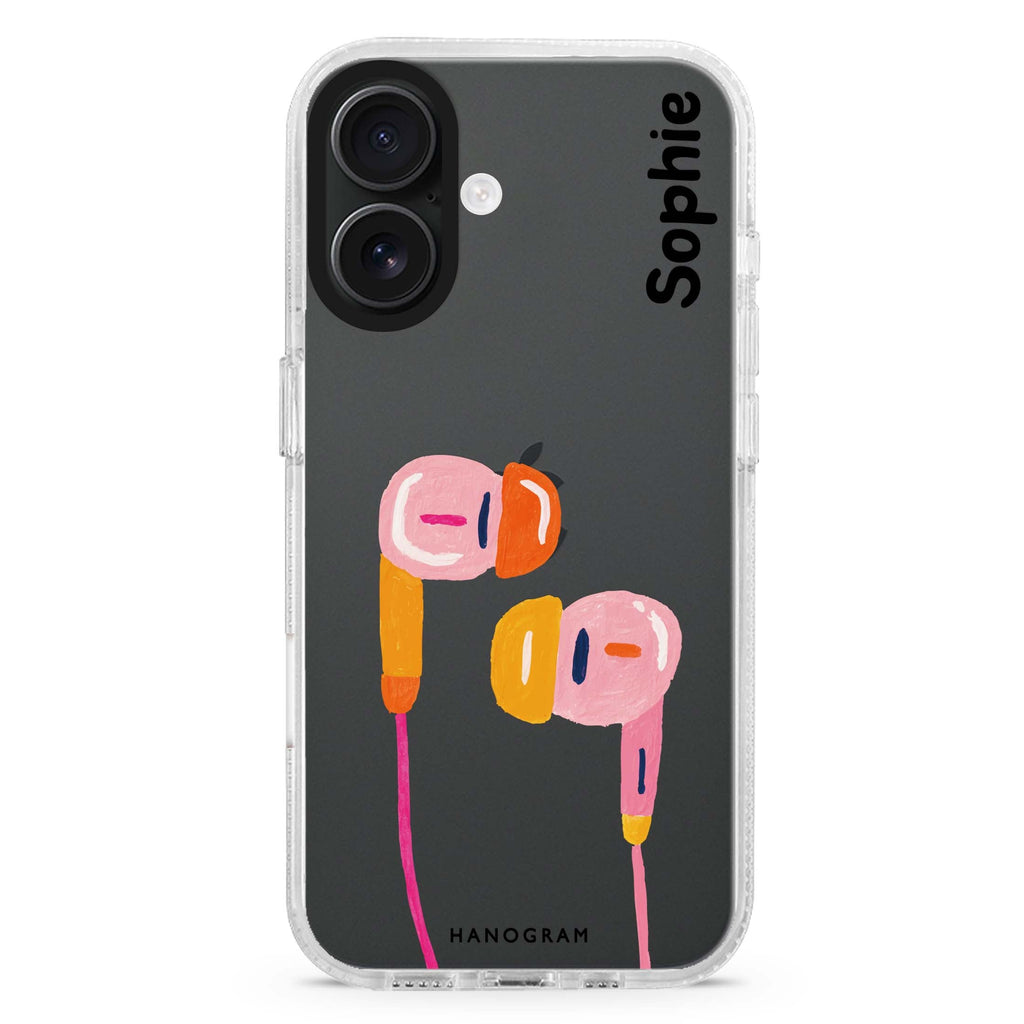 Pastel Beats custom name iPhone 16 and 16 Plus ultra clear case, transparent graphic artwork, front product view