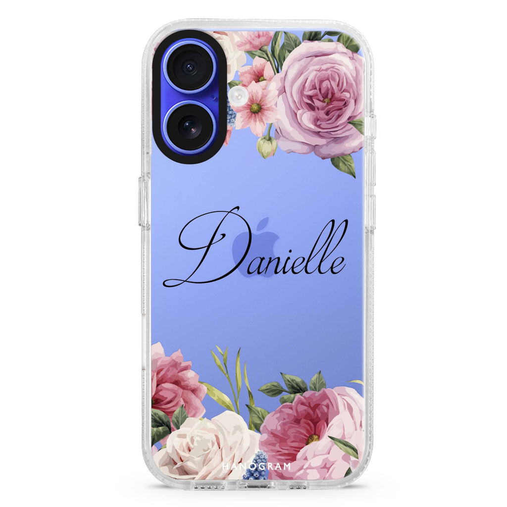 Light Pink Floral custom name iPhone 16 and 16 Plus ultra clear case, transparent floral artwork, front product view