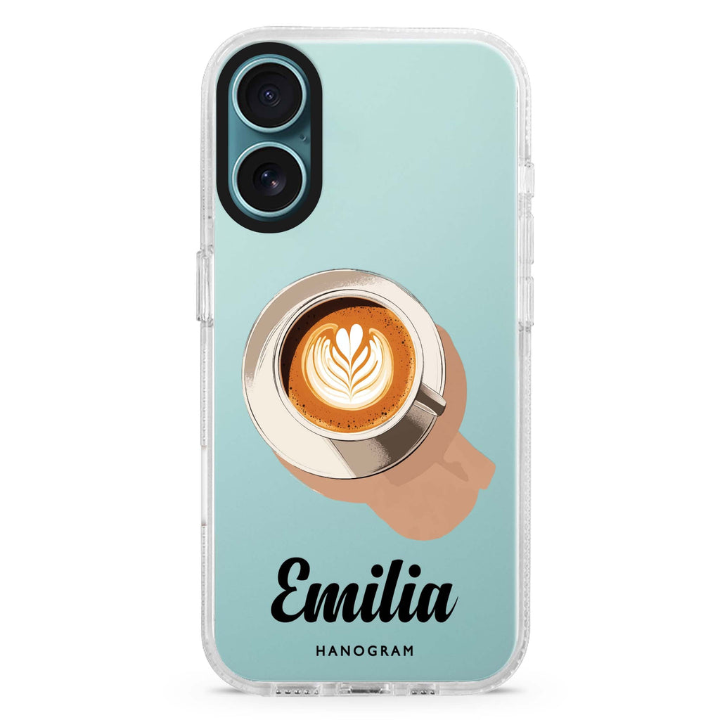 Form & Foam custom name iPhone 16 and 16 Plus ultra clear case, transparent graphic artwork, front product view
