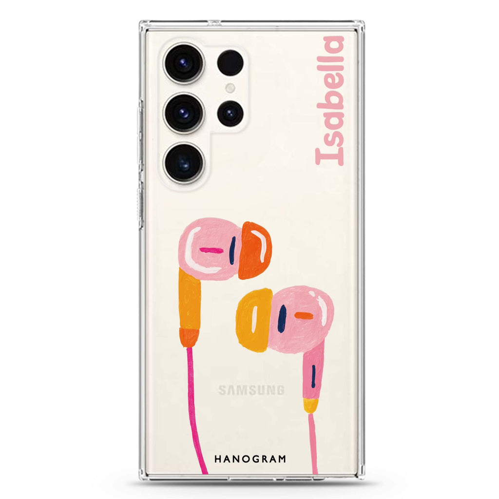 Pastel Beats personalized name Samsung Galaxy S26/S25/S24/S23/S22 Ultra ultra clear case, transparent design, main view