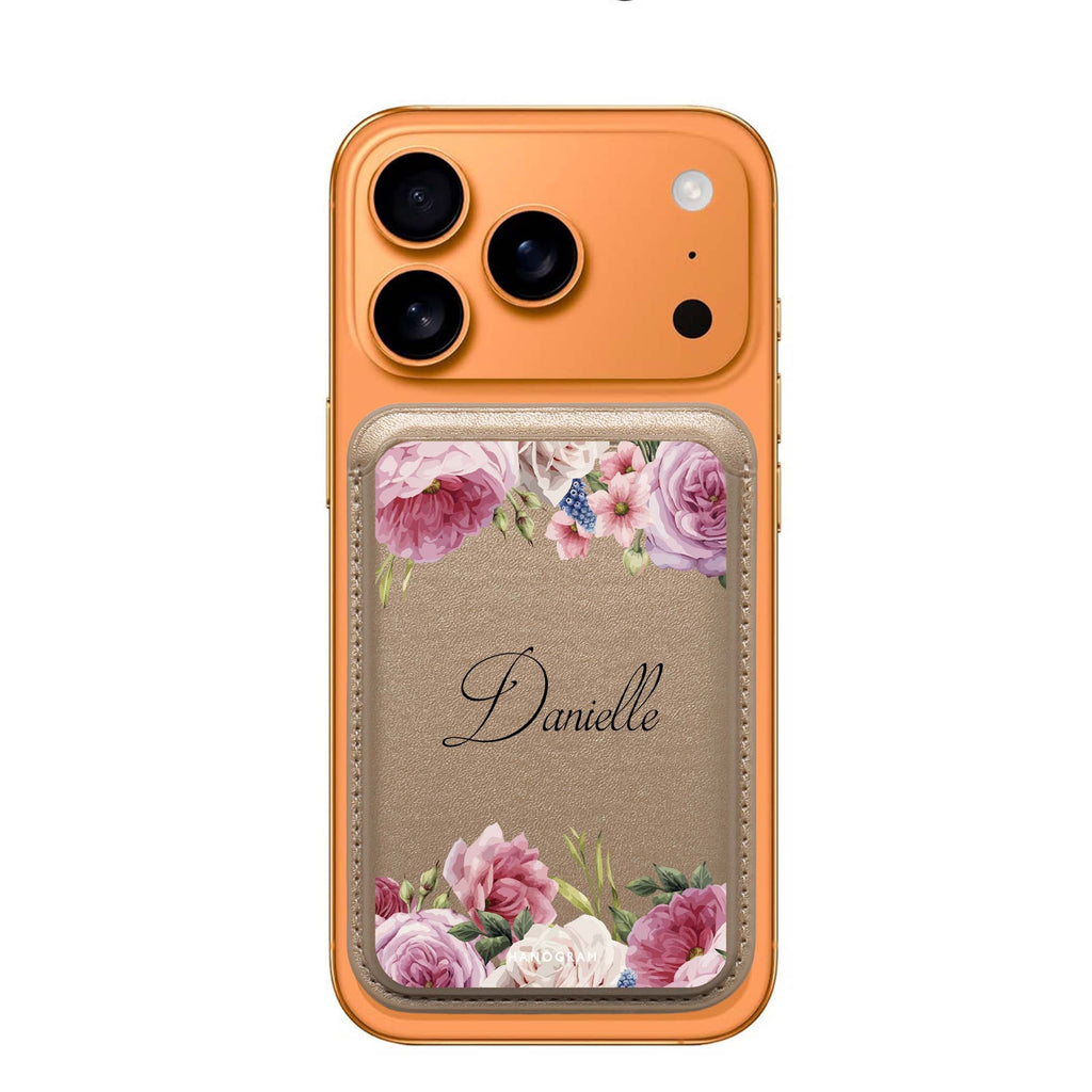 Light Pink Floral custom name MagSafe wallet for iPhone, personalized magnetic card holder, main view