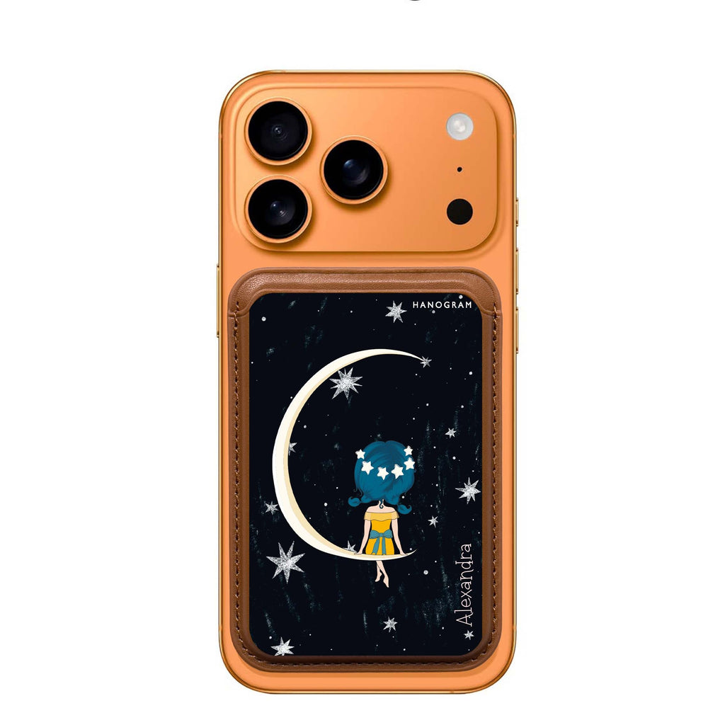 Cute Girl Moon custom name MagSafe wallet for iPhone, personalized magnetic card holder, main view