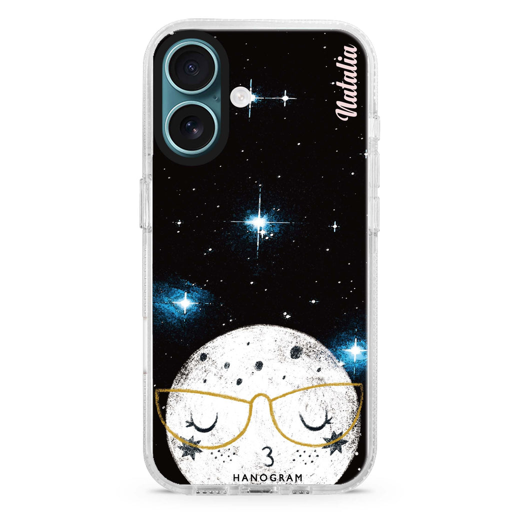 Glasses Moon custom name iPhone 16 and 16 Plus ultra clear case, transparent celestial artwork, front product view