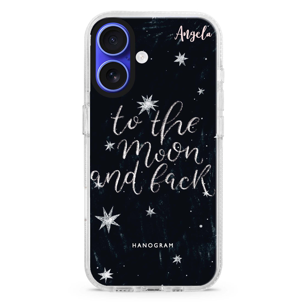 To the moon and back custom name iPhone 16 and 16 Plus ultra clear case, transparent celestial artwork, front product view
