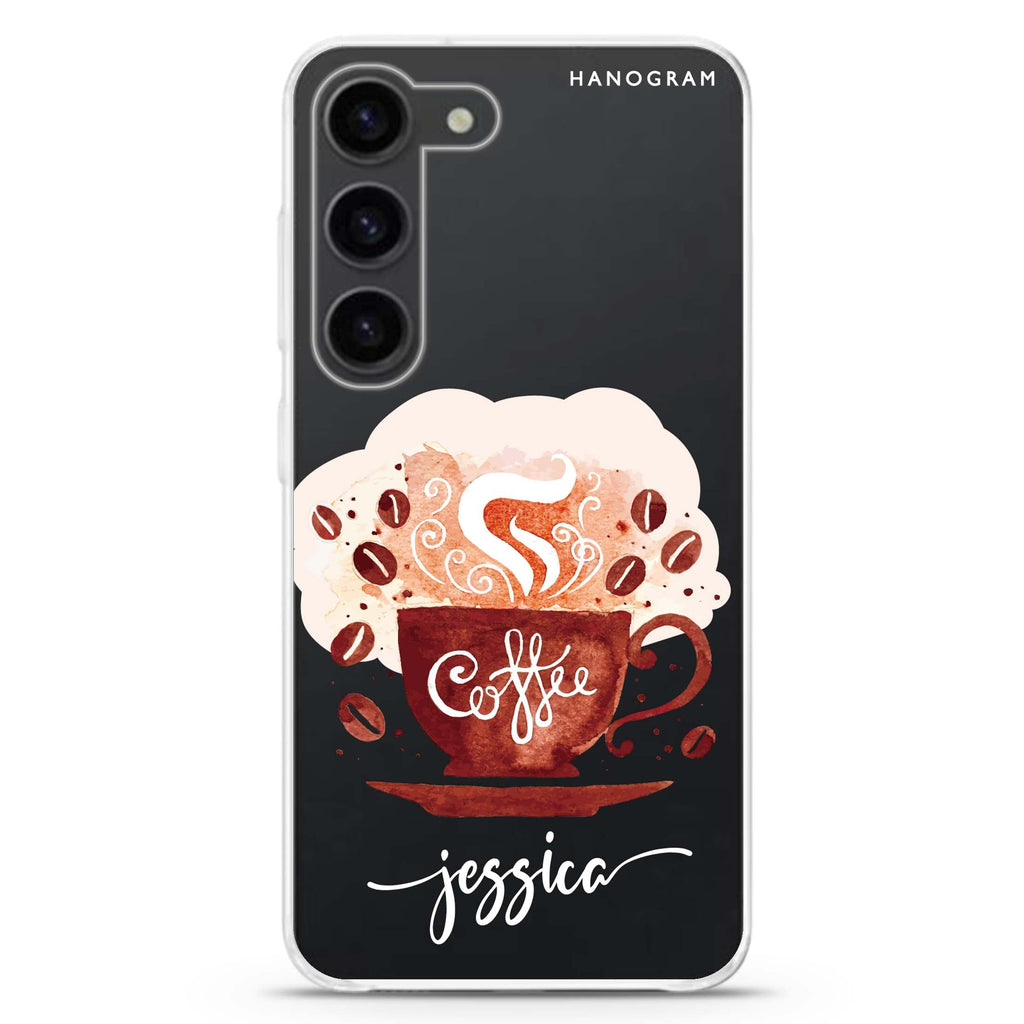 Fragrant coffee personalized ultra-clear case for Samsung Galaxy S23/S22, front view