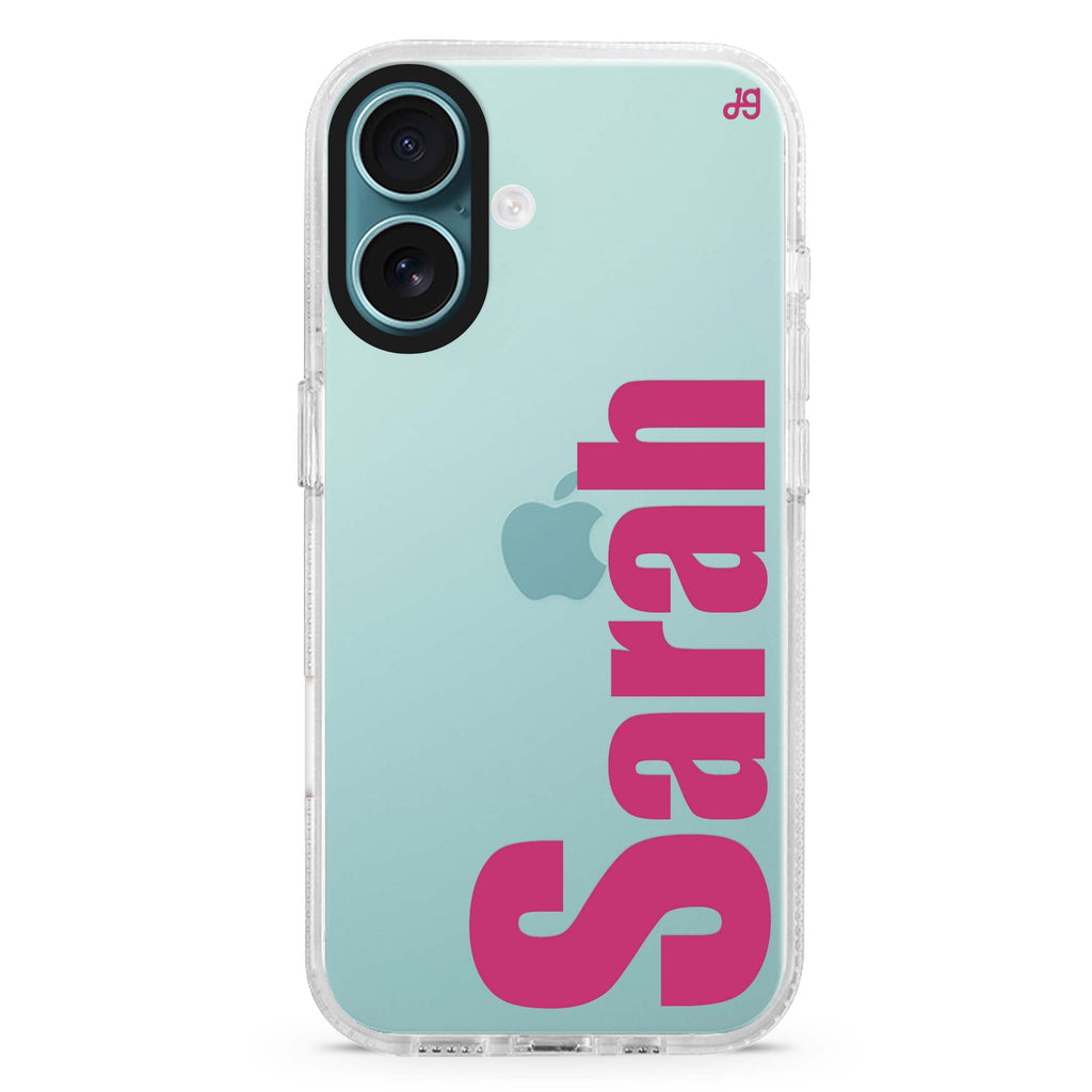 Phenomenal custom name iPhone 16 and 16 Plus ultra clear case, transparent graphic artwork, front product view