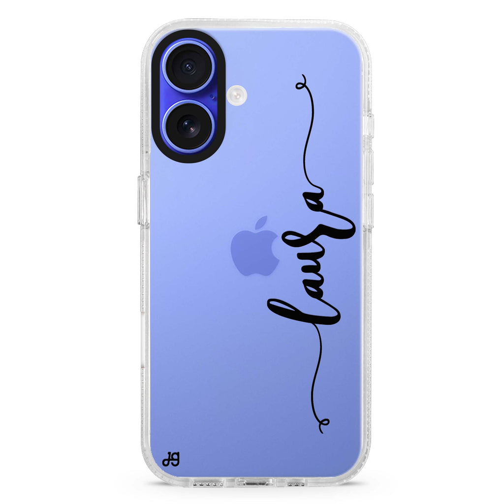Glamorous custom name iPhone 16 and 16 Plus ultra clear case, transparent graphic artwork, front product view