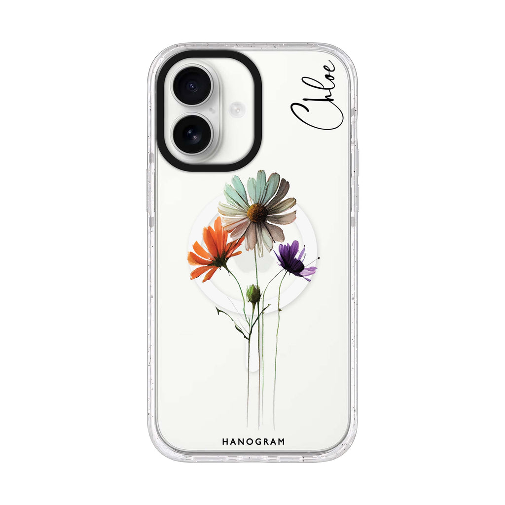 A watercolour floral personalized name iPhone 17 ultra clear MagSafe case, front product view