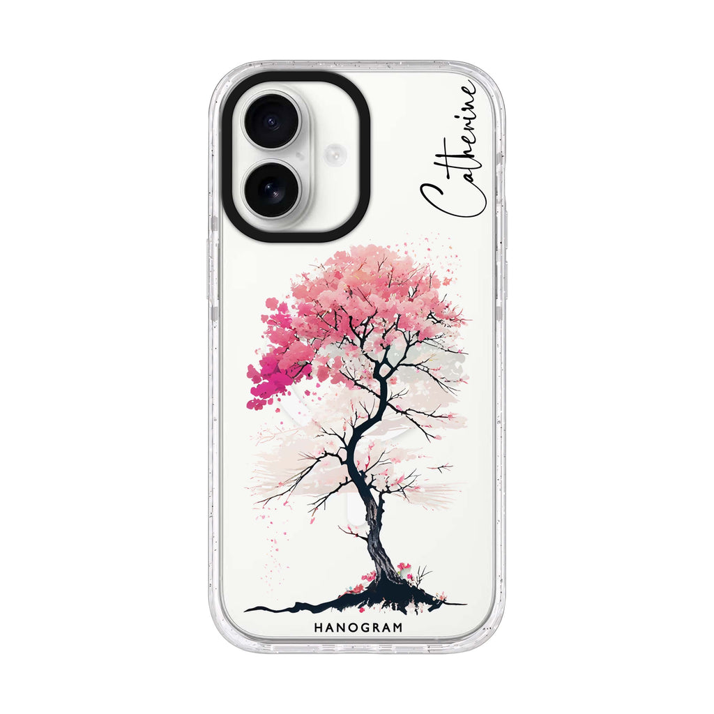 A Cherry tree personalized name iPhone 17 ultra clear MagSafe case, front product view