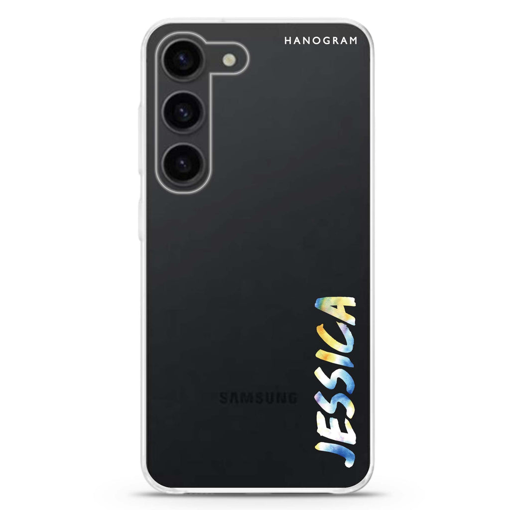My Watercolour Name personalized ultra-clear case for Samsung Galaxy S23/S22, front view