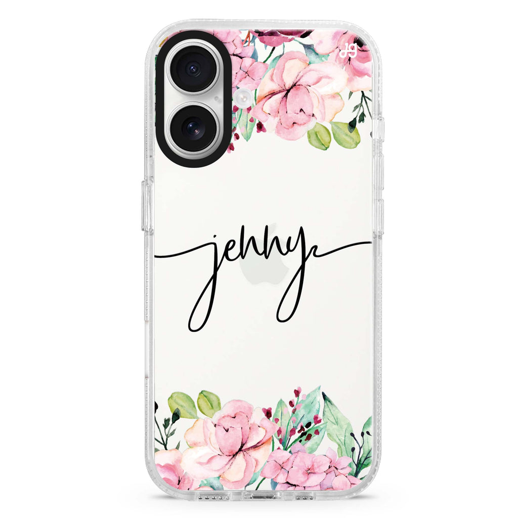 Floral Dream I custom name iPhone 16 and 16 Plus ultra clear case, transparent floral artwork, front product view