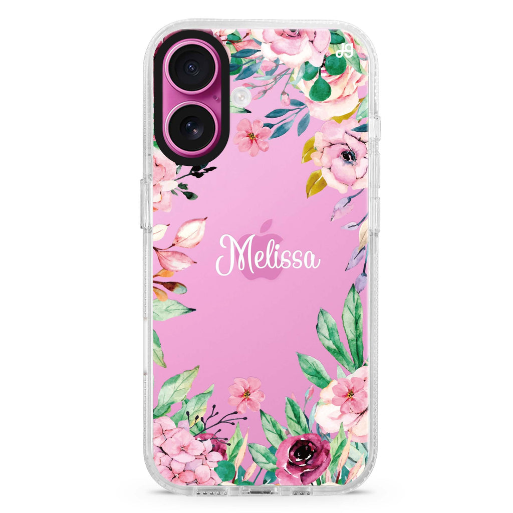 Floral Dream II custom name iPhone 16 and 16 Plus ultra clear case, transparent floral artwork, front product view