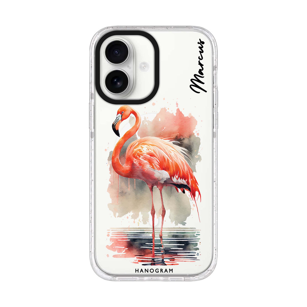 Flamingo in water personalized name iPhone 17 ultra clear MagSafe case, front product view