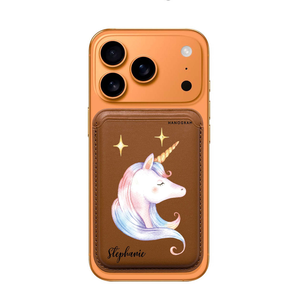 Wonderful Unicorn custom name MagSafe wallet for iPhone, personalized magnetic card holder, main view