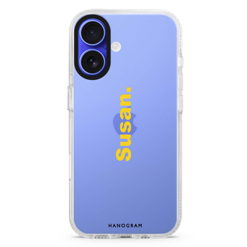 Minimal Charm custom name iPhone 16 and 16 Plus ultra clear case, transparent minimal artwork, front product view