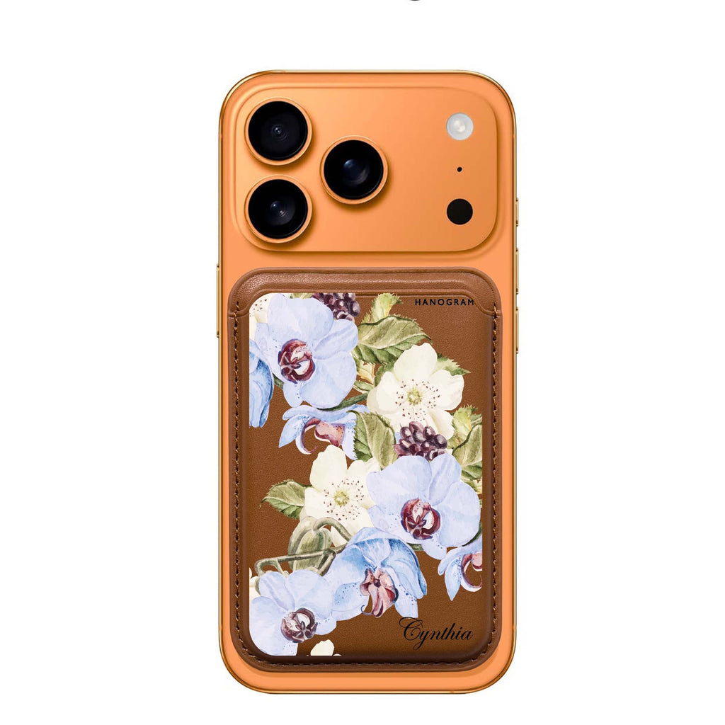 Light Blue Floral custom name MagSafe wallet for iPhone, personalized magnetic card holder, main view