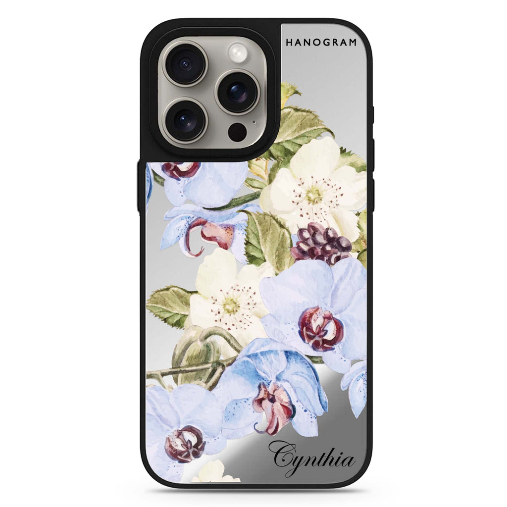 Light Blue Floral personalized name MagSafe mirror case for iPhone 16/15/14 Pro Max and Pro, main view