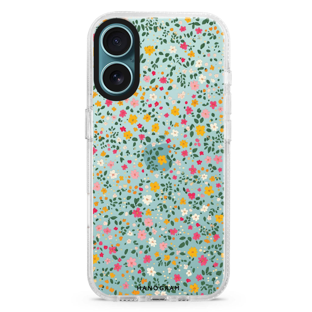 Petite Bloom iPhone 16 and 16 Plus ultra clear case, transparent graphic artwork, front product view