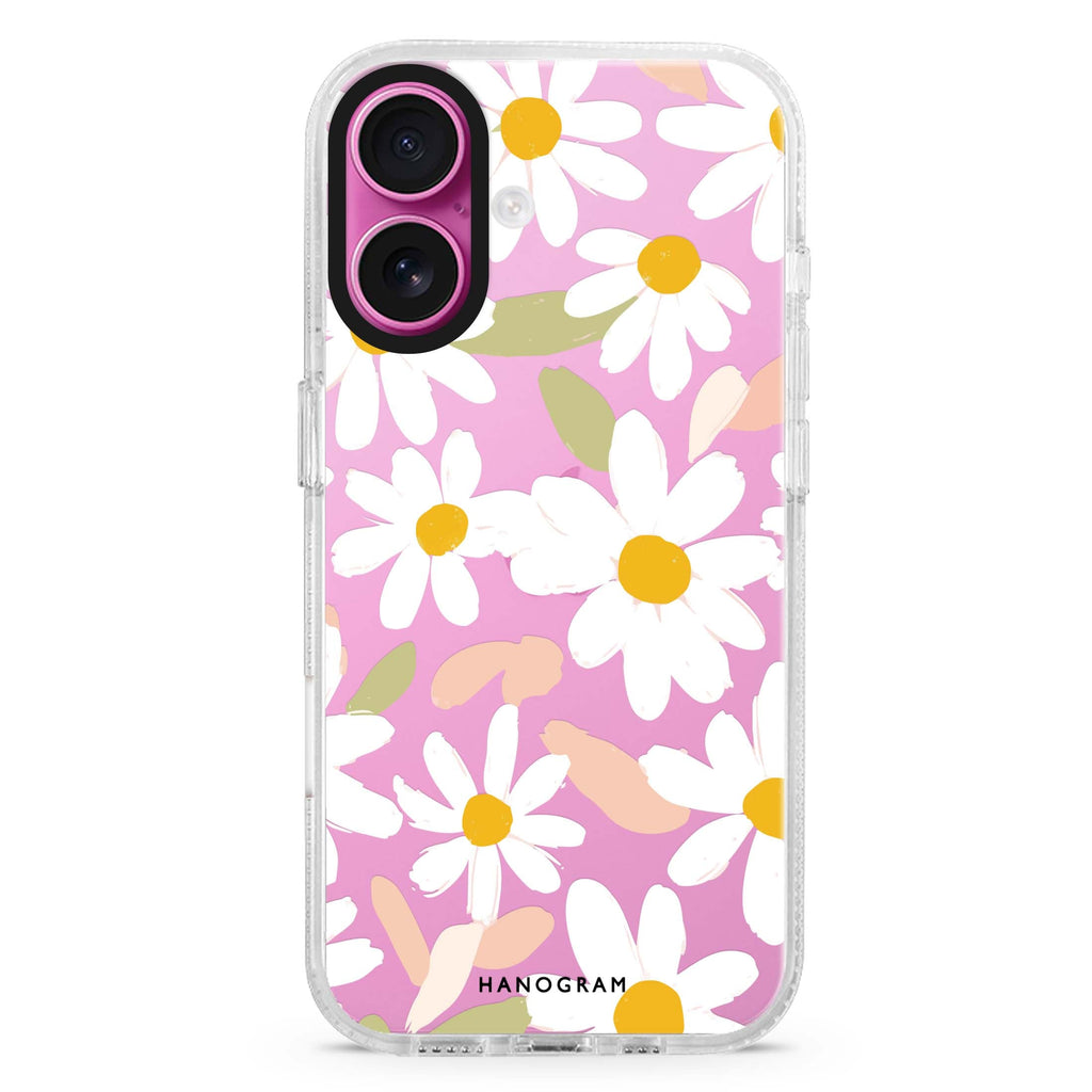 Blush Daisy Field iPhone 16 and 16 Plus ultra clear case, transparent floral artwork, front product view