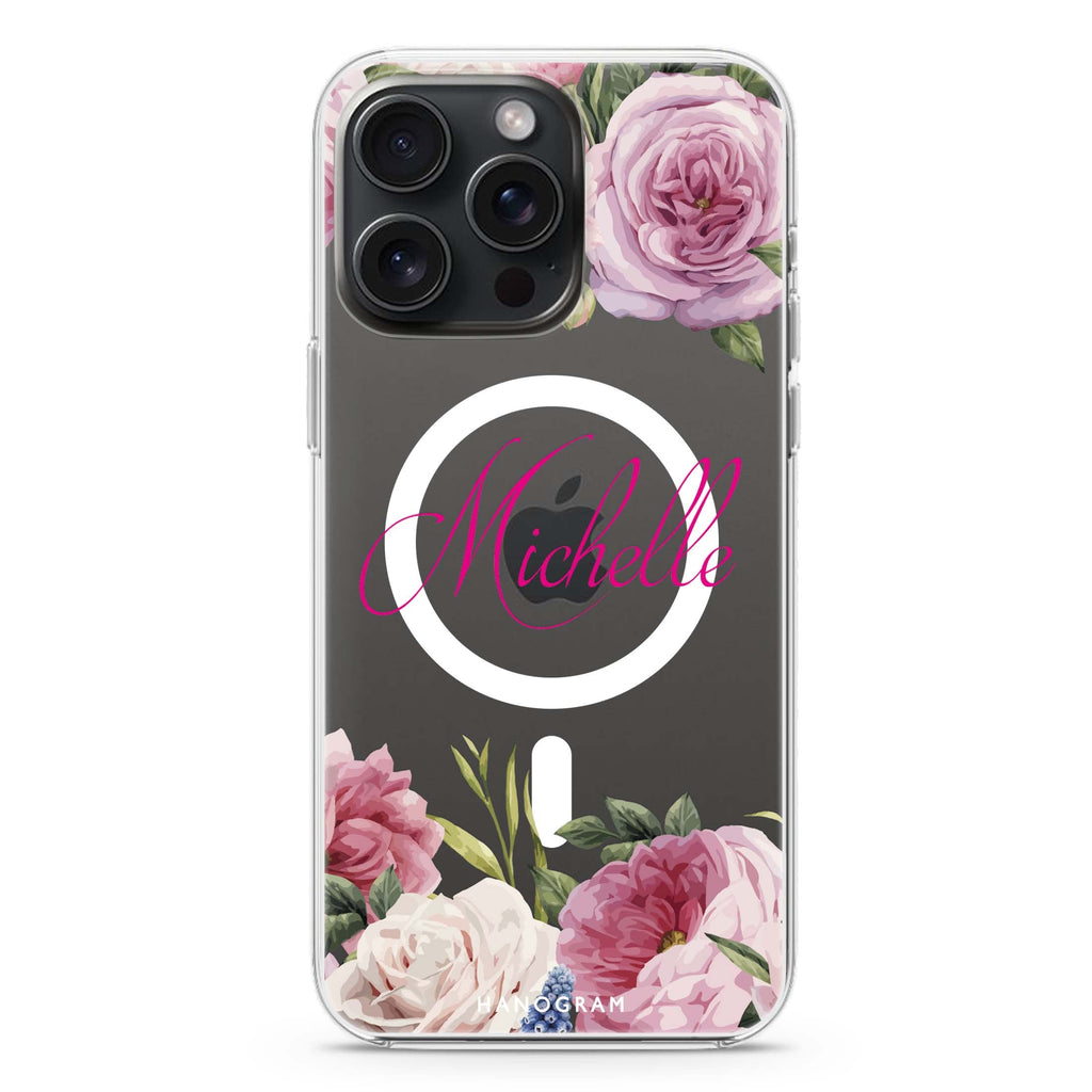 Light Pink Floral iPhone 15 Pro MagSafe Compatible Ultra Clear Case