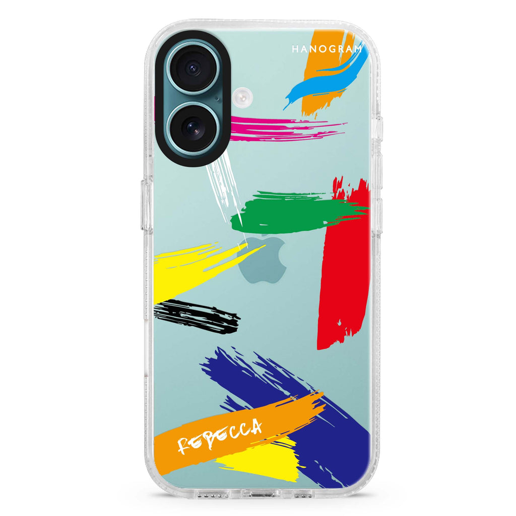 Brush Paint custom name iPhone 16 and 16 Plus ultra clear case, transparent artistic artwork, front product view