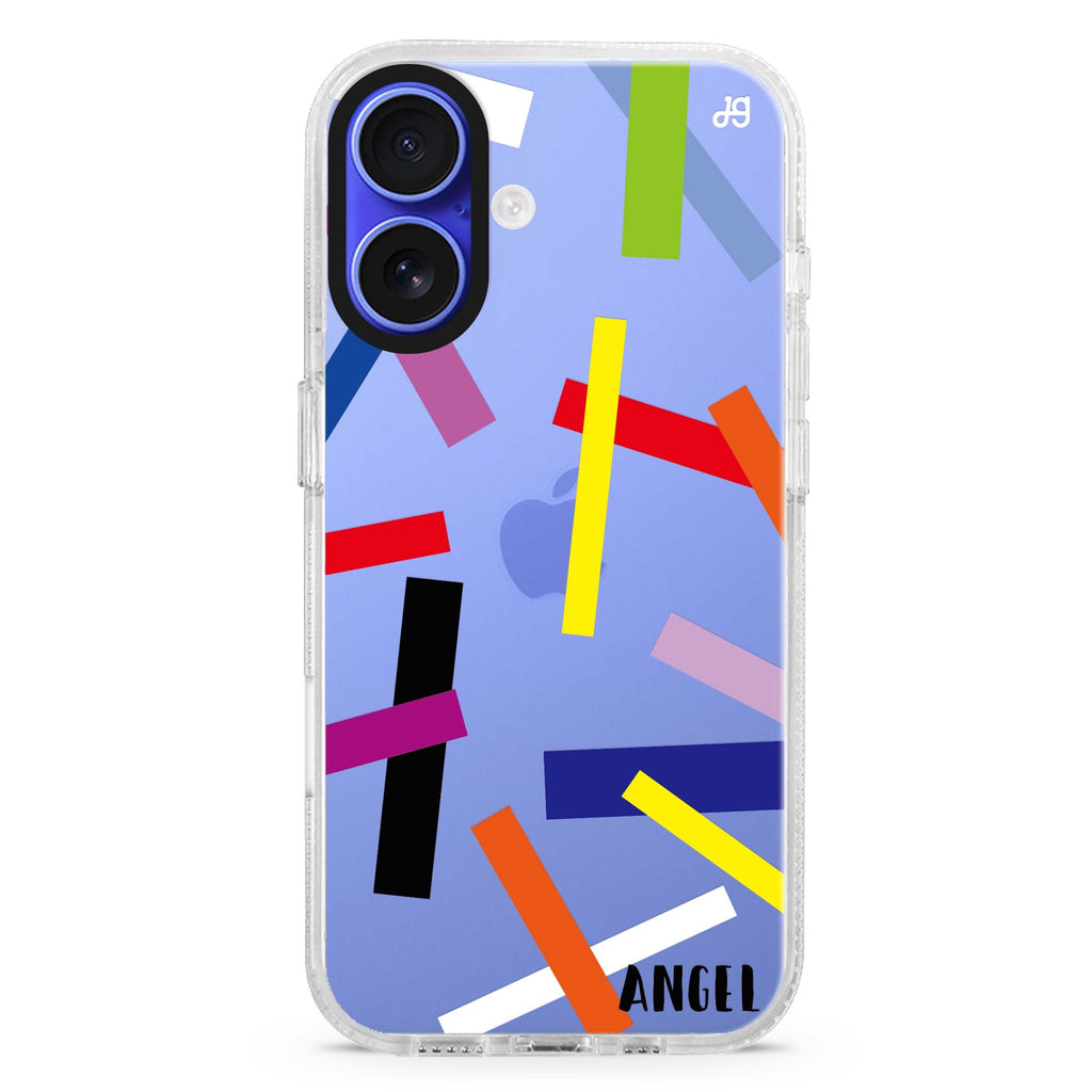 Abstract Art custom name iPhone 16 and 16 Plus ultra clear case, transparent artistic artwork, front product view